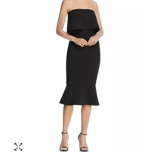 Likely Conrad Black Off Shoulder Strapless Flared Hem Midi Dress